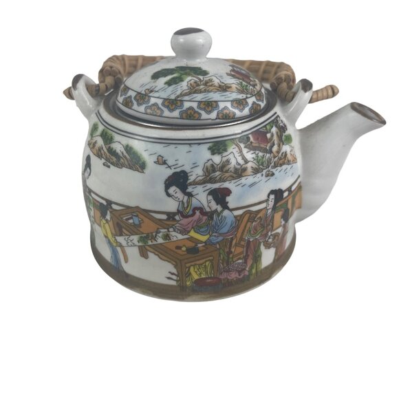 Vintage Hand-Painted Porcelain Teapot With Wicker Handle & Lid - Picture 6 of 8